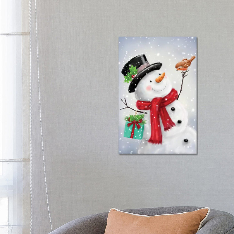 «Snowman and Robin VI B» par Makiko - peinture sur toile tendue, H 26 po x l 18 po x 1,5 po