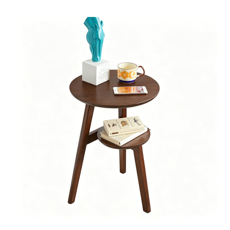Table d'appoint ronde à 2 niveaux en bois massif avec tablette de rangement
