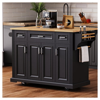 K&K 54-Inch Kitchen Island with Rubber Wood Drop Leaf, Black Finish, Rolling Cart with Storage