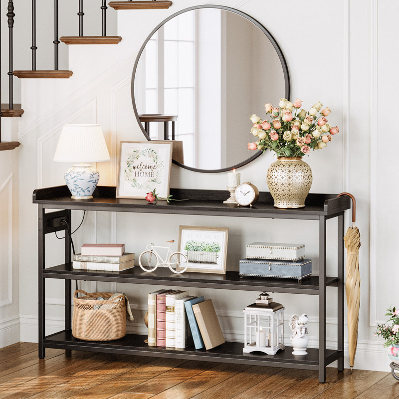 Console Table with Power Outlets, 33" H x 55" W x 13.8" D, Vintage Black