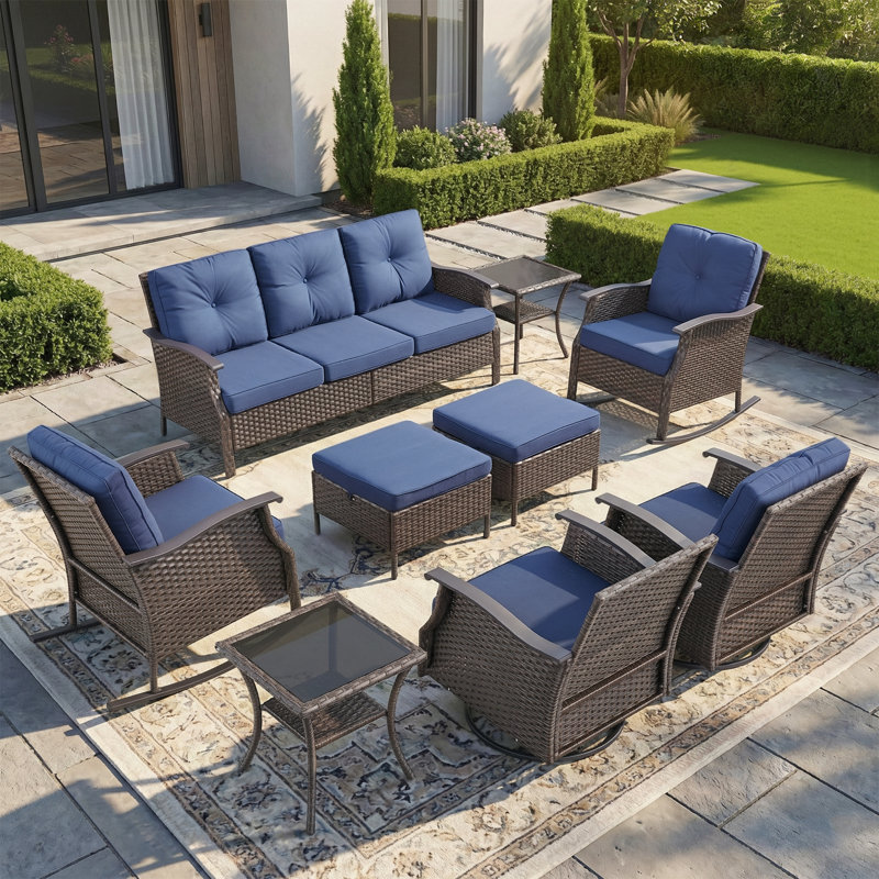 9-Piece Outdoor Rattan Garden Party Family Conversation Set With Swivel Chairs And Rocking Chairs