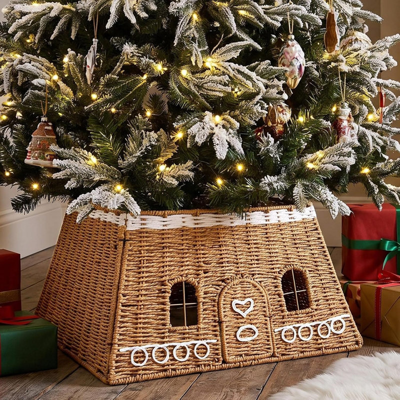 Christmas Gingerbread House Tree Collar, Rattan Brown Christmas Tree Base Cover