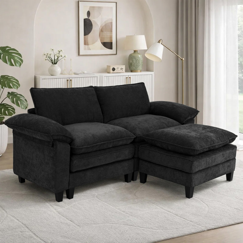 Canapé d'angle rembourré avec 1 repose-pieds, Tissu noir