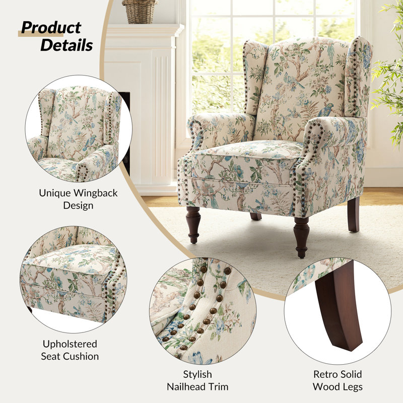 Anndi Upholstered Wingback Accent Chair, Bird Linen 