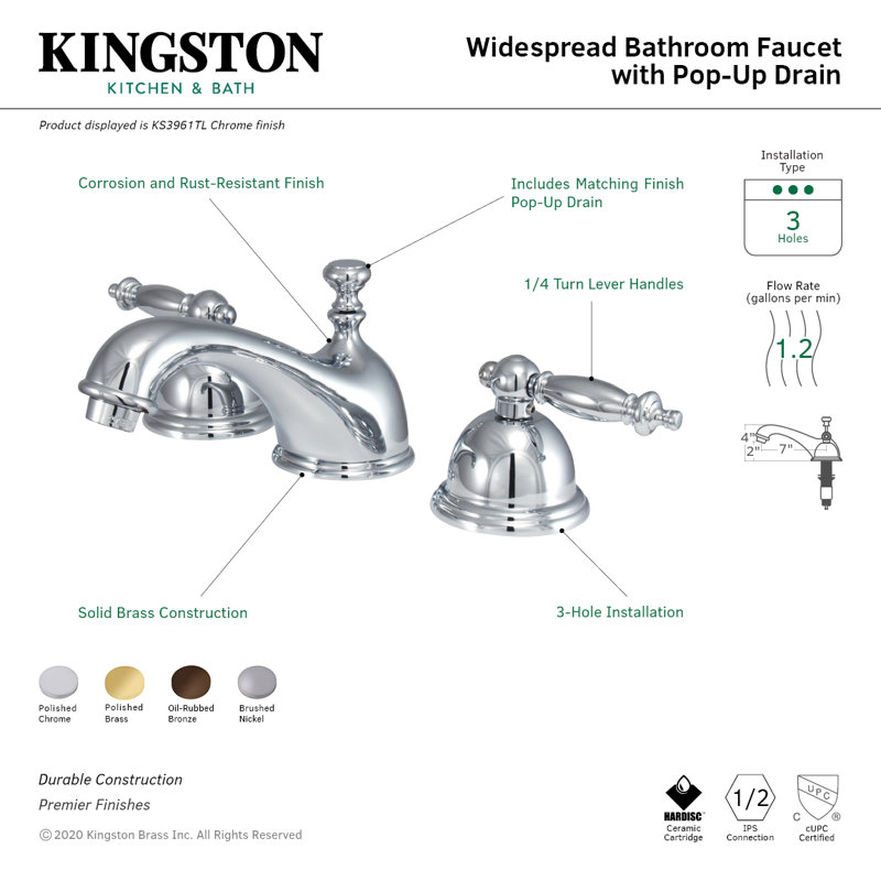 Kingston Brass Templeton Two-Handle 3-Hole Deck Mount Widespread Bathroom Faucet with Brass Pop-Up Drain, Oil Rubbed Bronze