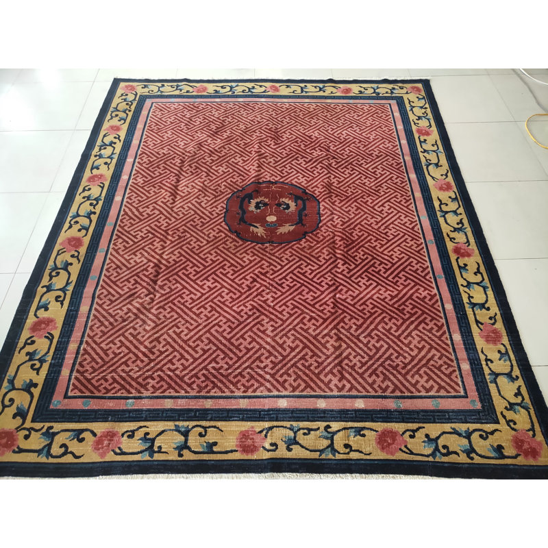 Antique Geometric Medallion Wool Hand Knotted Pile Coral / Salmon Pink 1925 Rug