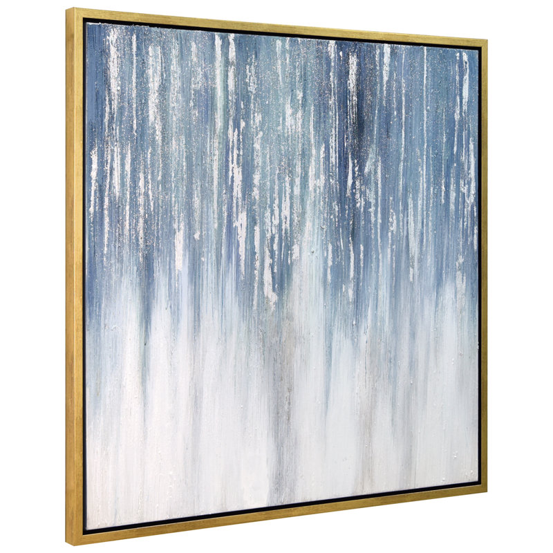 Frozen Rain Blue and Gray Abstract Canvas Art with Gold Frame