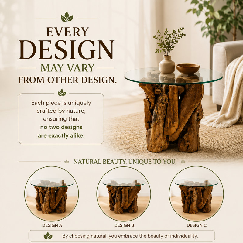 Modern Woodland Teak Root Glass Top End Table Handmade Natural Side Table with Tempered Glass
