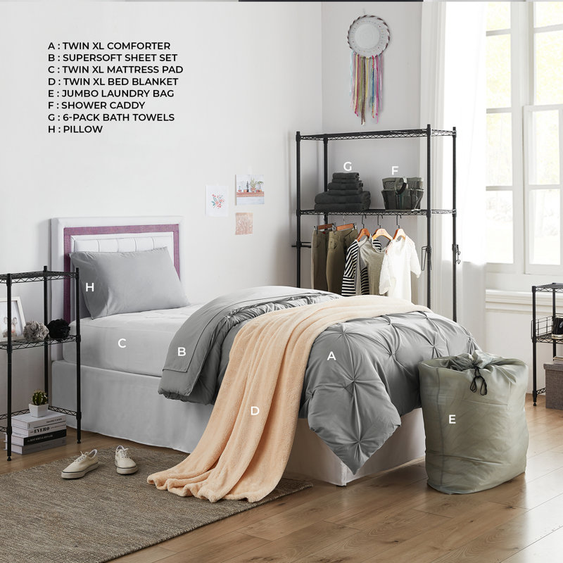 DormCo  8 Piece Starter College Dorm Pin Tuck Bedding Package, Alloy Gray