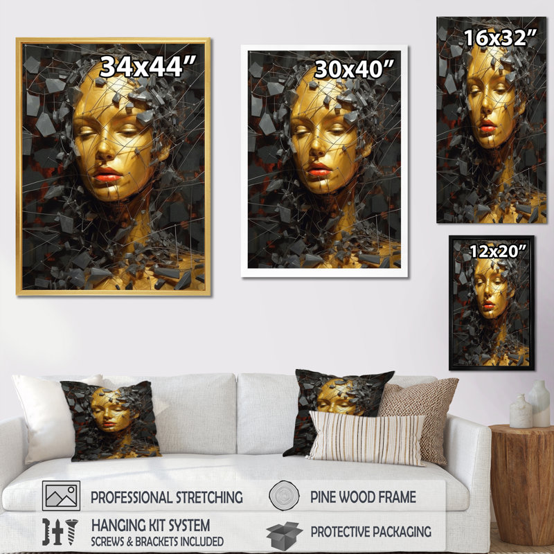 Or doré et femme abstraite, art mural mode, salon, H 40 po x l 30 po x P 1,5 po, Cadre photo doré simple