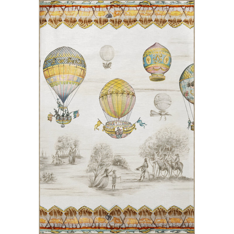 Tapis décoratif à motif de montgolfière, d'arbre et de cavalier jaune-beige, Rectangle 4 pi 11 po x 7 pi 7 po