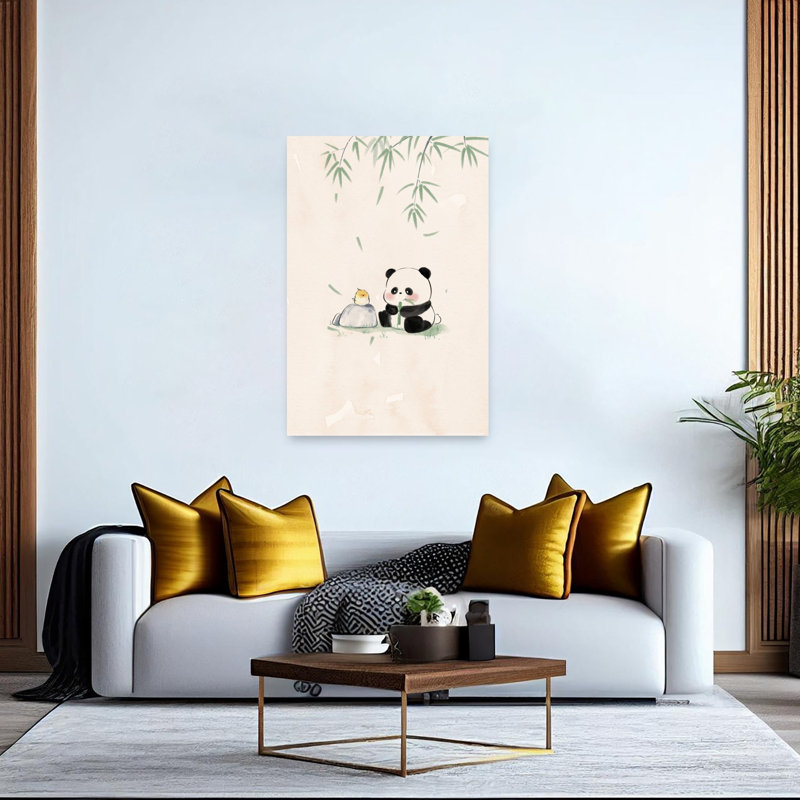 Mignon panda bambou pacifique serein, paisible, bambou, oiseau, panda, forêt, art mural, H 36 po x l 24 po