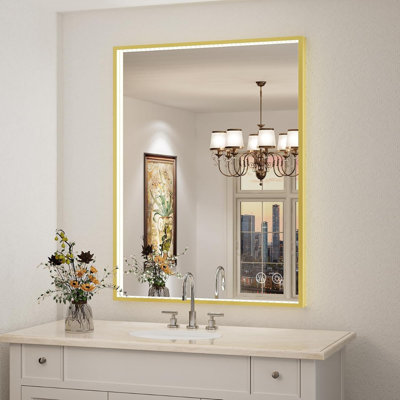  LED Bathroom Mirror With Light, Gold Metal Frame Lighted Vanity Mirror, Anti-Fog Design, Dimmable With Touch Switch