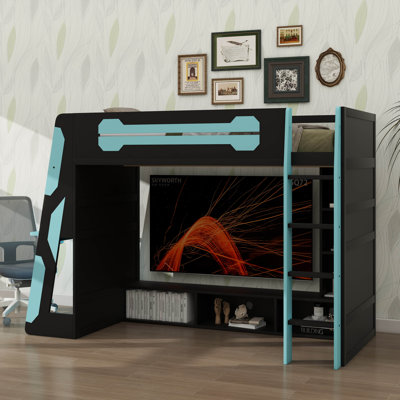 Lit mezzanine simple pour adolescent et adulte, avec bureau, rangement, échelle, barrière de sécurité et éclairage DEL