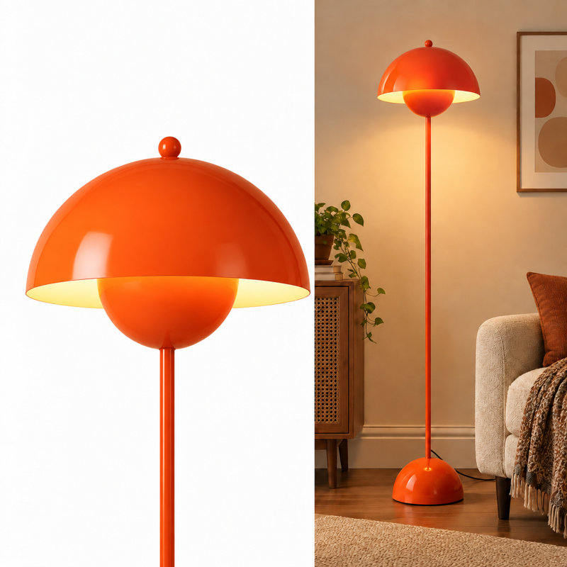 Lampe sur pied industrielle avec abat-jour industriel en métal orange pastel, Orange