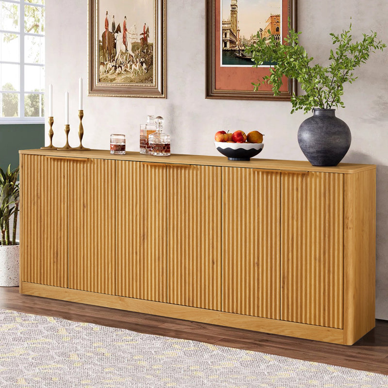 Modern Fluted Sideboard with Curved Edge, 6-Door Large Buffet Cabinet for Kitchen And Living Room, Natural