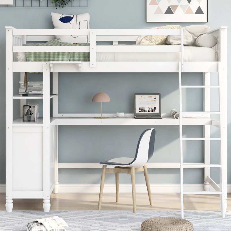 Lit mezzanine simple avec rangement et espace de travail - Bureau fonctionnel en bois massif blanc pour économiser de l'espace
