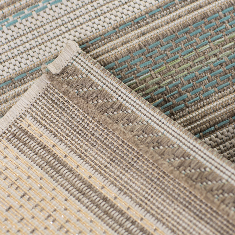 Broddrick Striped Blue Mist Ivory Flatweave Indoor Outdoor Performance Area Rug, Rectangle 2' x 3'7"