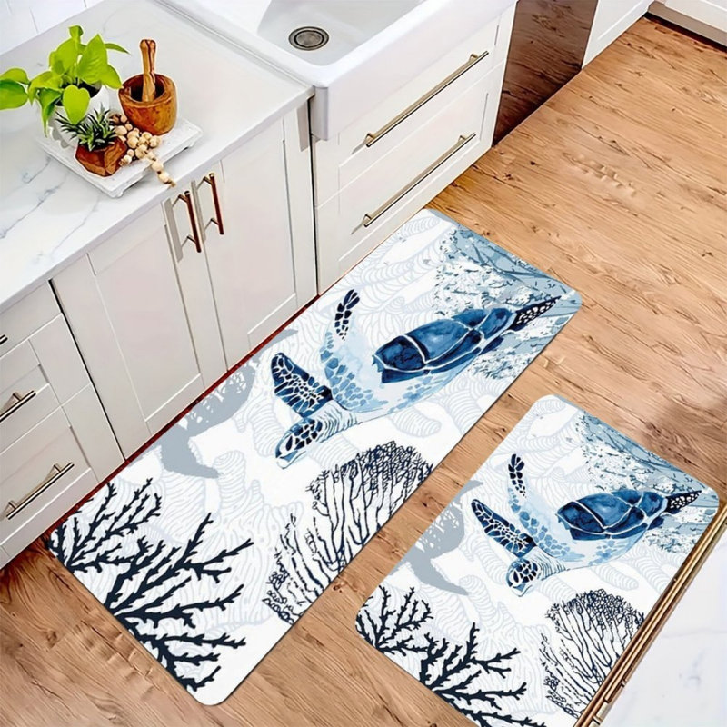 Tapis de cuisine bleu et blanc, 2 pièces pour tapis de cuisine et de salle de bain