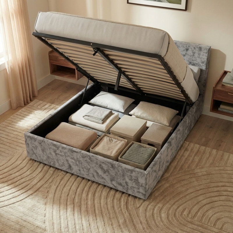 Enya Upholstered Ottoman Bed, UKFR Certified, Silver, Kingsize (5')