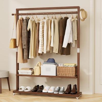 Solid Wood Clothes Rack With Wheels | 3-In-1 Freestanding Garment Rack & Coat Tree, Extra-Long Rod, Two Shelves, 220 Lb Load | Organizer For Bedroom & Entryway