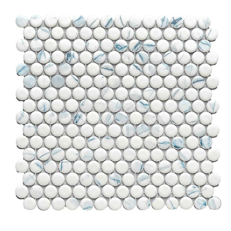 Eterna Penny 12"x12" Recycled Glass Mosaic Tile, Calacatta Blue