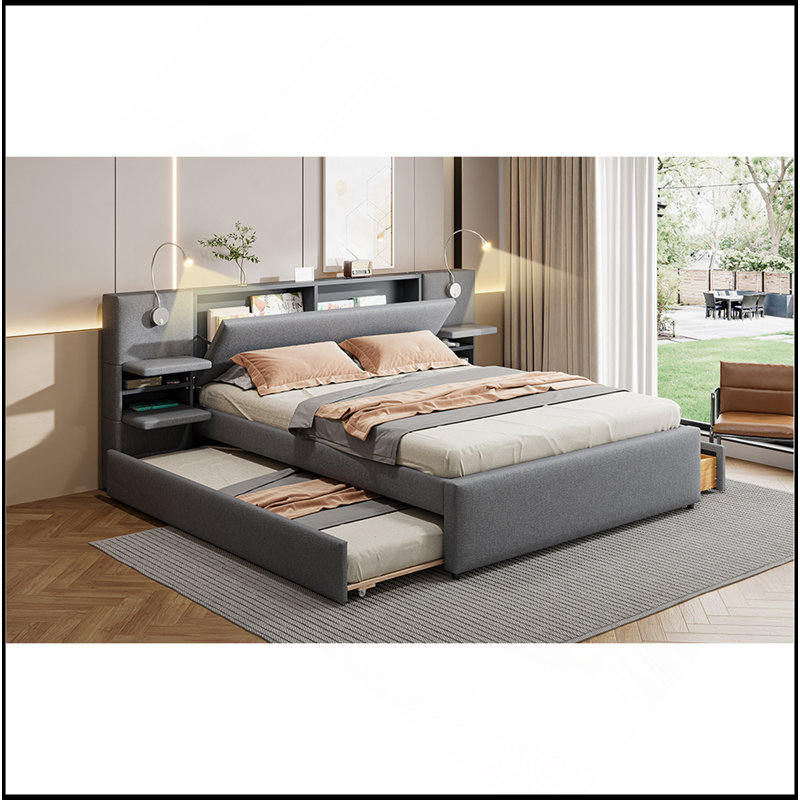 Lit plateforme tapissier avec lampes de lecture, tiroirs, lit gigogne et tablettes, Gris