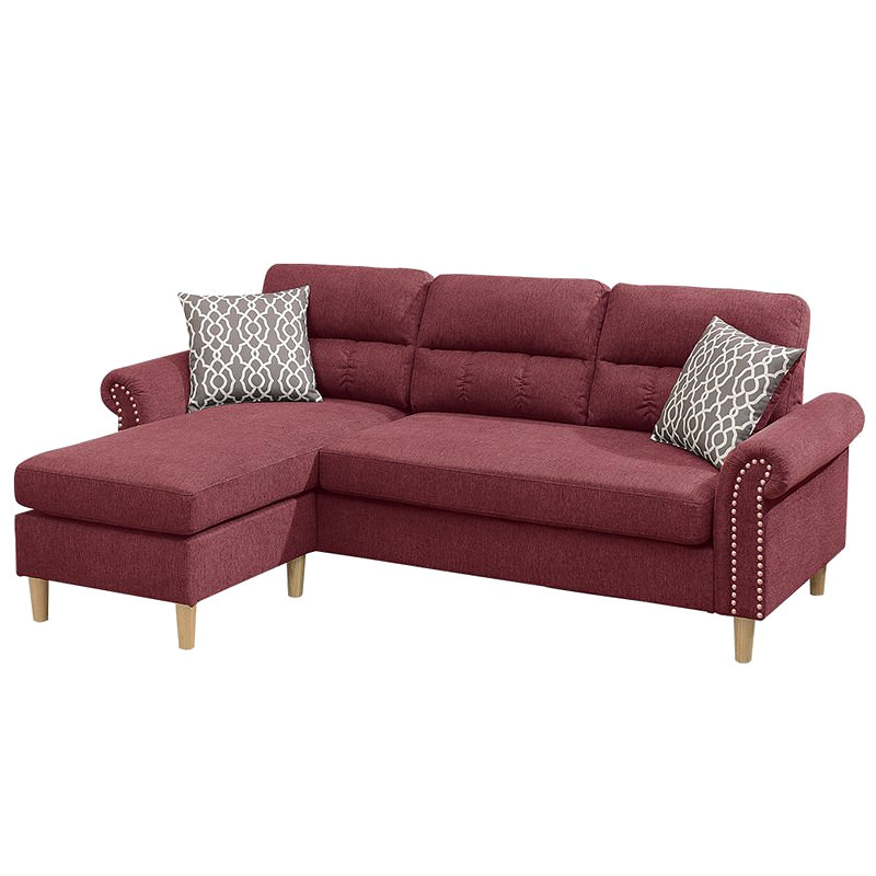 Polyfiber Reversible Sectional Sofa Set Chaise Pillows Plush Cushion Couch Nailheads, Fabric - Red