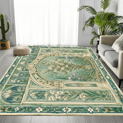 Vintage Style Floral Area Rug, Green White Botanical Pattern, Velvet Surface, Machine Washable Non‑Slip Floor Carpet, Indoor Home Decor for Living Room, Bedroom, Entryway, Front Door, Kitchen, Balcony, Apartment