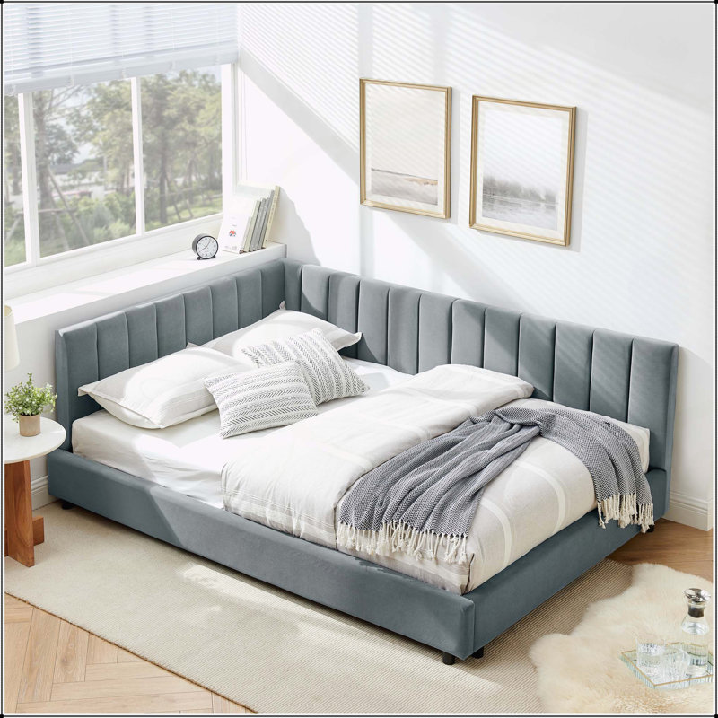 Comfortable Upholstered Sofa Bed Frame with Stylish Backrest and Armrests for Versatile Use, Grey