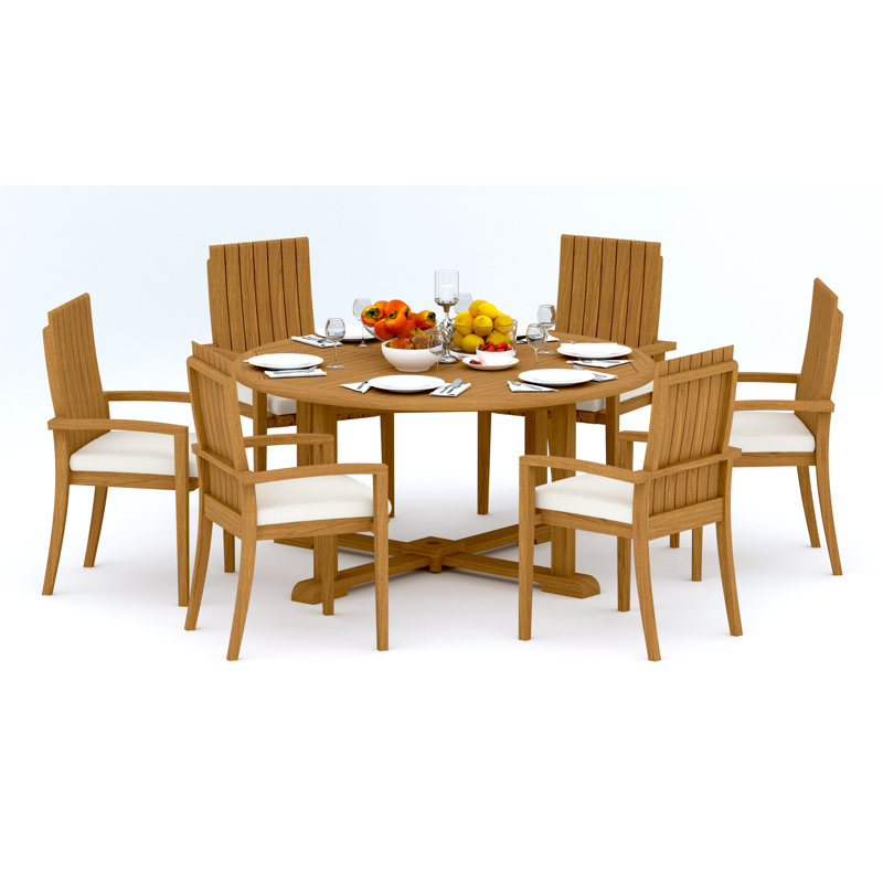 5 Pcs Grade-A Teak Wood Dining Set: 60" Round Table And 4 Goa Stackng Arm Chairs #11GO1204, 6