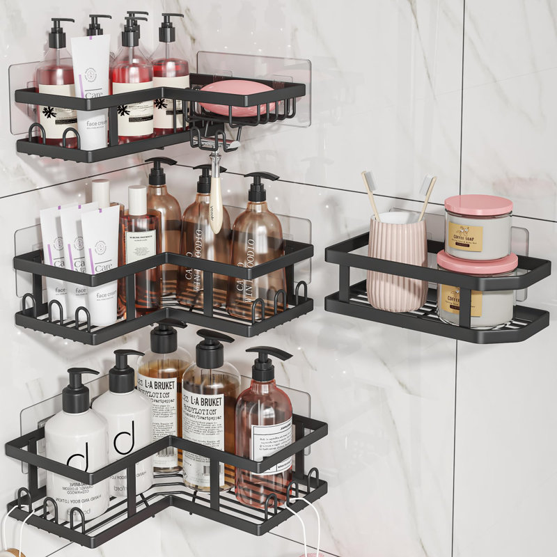 Coin de panier de douche avec porte-savon, tablettes de douche sans perçage - antirouille, coin de rangement adhésif pour dortoir. Noir, paquet de 4