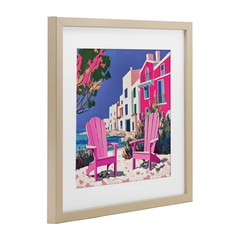Beach Chair Meetup en rose, reproduction encadrée sous verre, design par Annabelle Hall, Cadre de récolte en pin