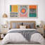 Three-piece mid-century modern abstract wall art set featuring colorful geometric shapes and linear patterns in a bedroom setting.