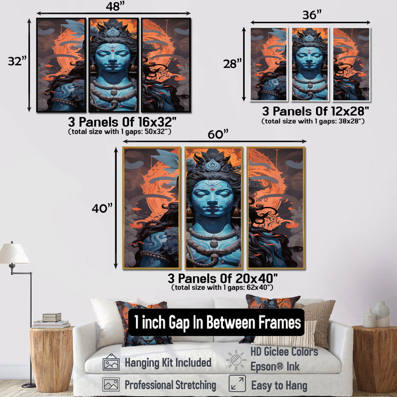 Portrait de Shiva bleu - ensemble de reproduction d'art de l'hindouisme, Cadre flottant brun, H 28 po x l 36 po x P 1 po