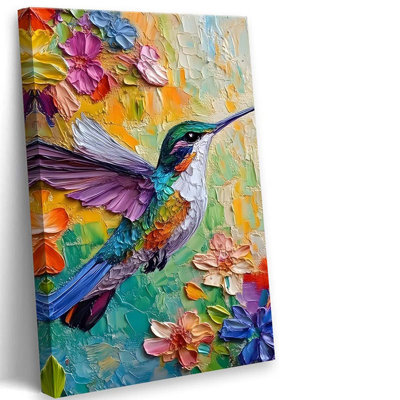 45*30，2D No Texture Colorful Painting Hummingbird Canvas Wall Art, Spring Flower Wall Decor.