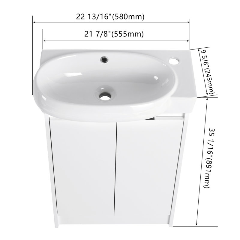 23" Freestanding Single Bathroom Vanity with Ceramic Top，Floor Standing Vanity with 2 Soft Close Doors and 1 Adjustable Shelf
