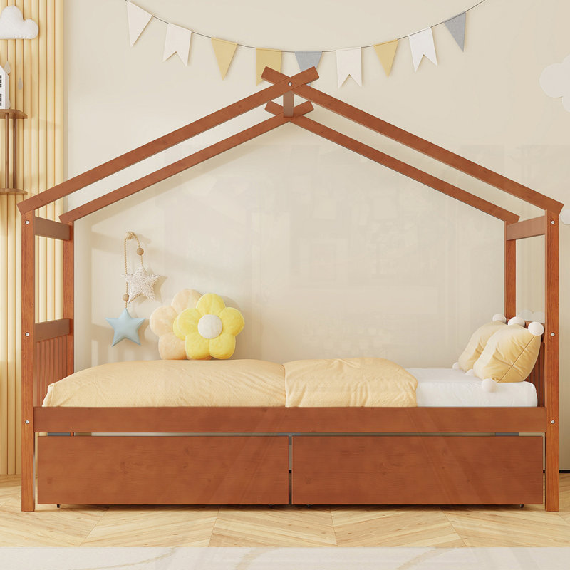 Wooden House Bed With Drawers, Walnut, Twin