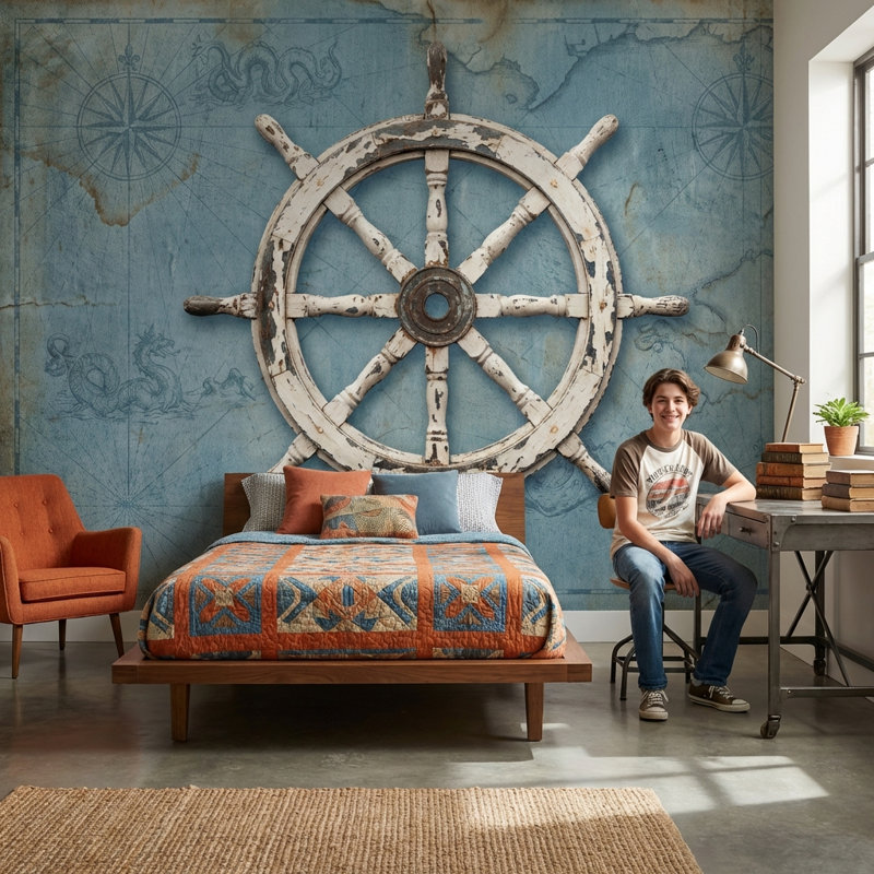 Papier peint nautique, décoration murale de roue de bateau rétro, 140 po x 108 po, Non tissé
