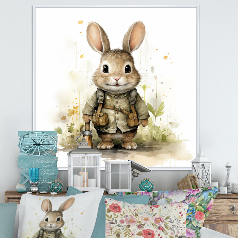 Delight Plump Nursery Rabbit Portrait I - Art mural de chambre de bébé, Cadre flottant blanc, 36" H x 36" W