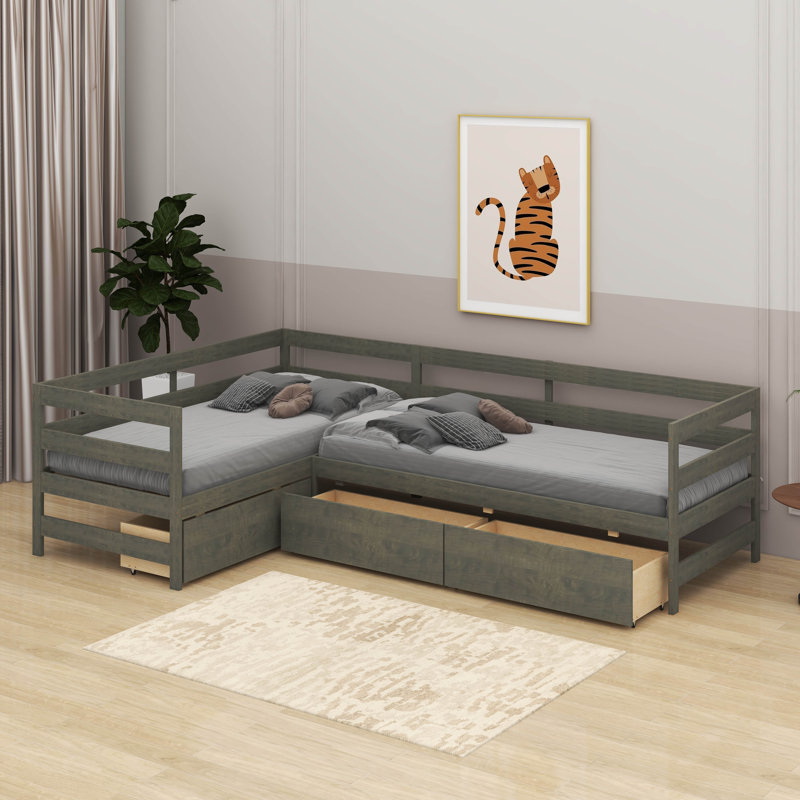 Lit plateforme simple en L avec tiroirs, Gris