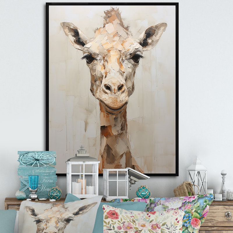 Minimalisme, girafe beige sur toile, H 20 po x l 12 po x P 1 po, Cadre flottant noir
