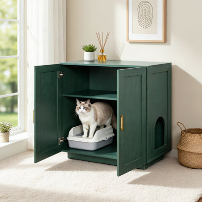Green Crafted Solid Wood Cat Storage Cabinet Holds Litter Box Pet Goods Simple Shape For Multiple Scenes