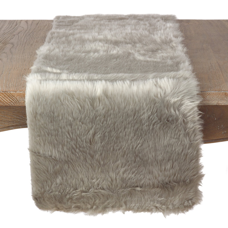 Chemin de table rectangulaire en fausse fourrure Chynia, gris, L 72 po x l 15 po