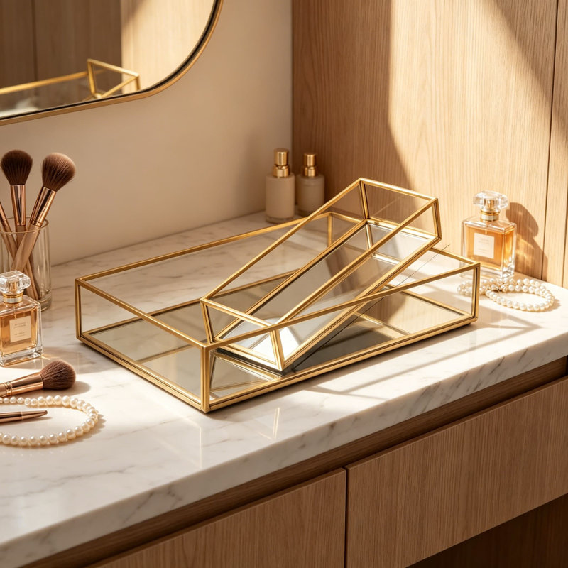 Paquet de 2 plateaux de parfum dorés avec surface en verre miroitant, plateau de coiffeuse décoratif pour bijoux et soins de la peau, organisateur rectangulaire antidérapant pour salle de bain ou commode