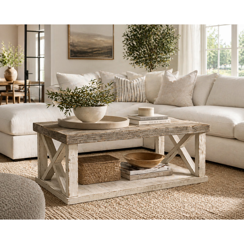 Table basse en bois massif avec tablette Mercantile 40 po (blanc)