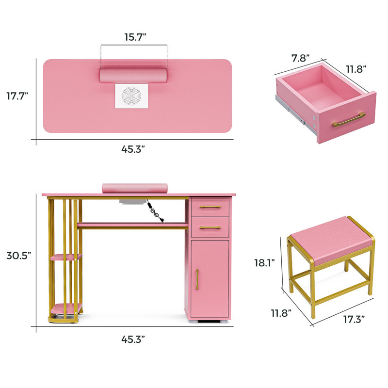 Pink Manicure Table with Storage Drawers and Dust Collector