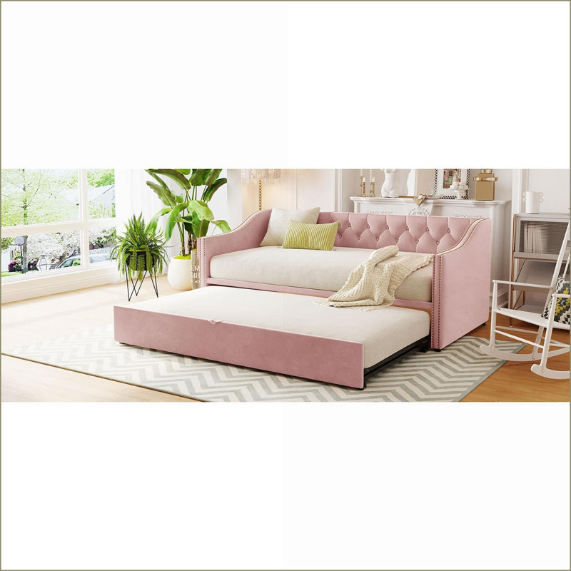 Twin Size Upholstered Plywood Daybed with Pop-Up Trundle – No Box Spring Needed, Beige/Gray/Pink for Multi-Functional Spaces