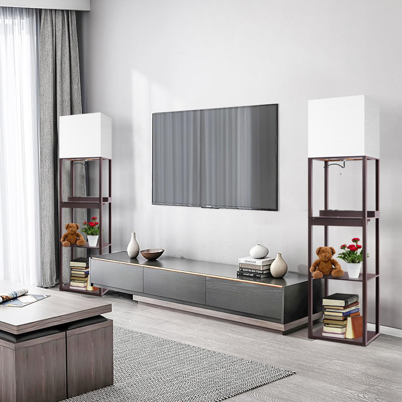 Floor Lamp With Shelves, Modern Standing Lamp With Wireless Charger, 1 Drawer And 2 Usb Ports & 2 Power Outlet, Walnut
