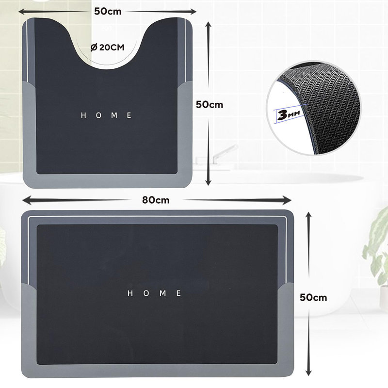 2 Piece set Rectangle Bath Mat, Grey